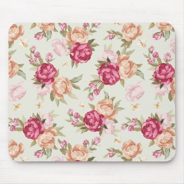 Beautiful colour peony pattern on green mouse mat (Front)