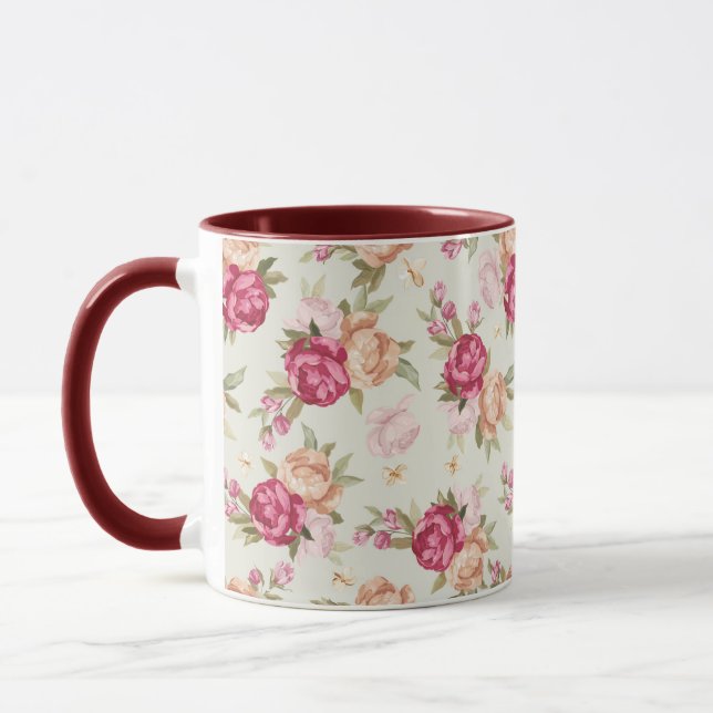 Beautiful colour peony pattern on green mug (Left)