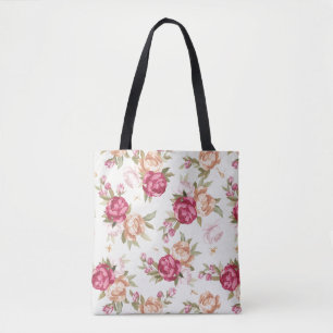 Beautiful colour peony pattern on green tote bag