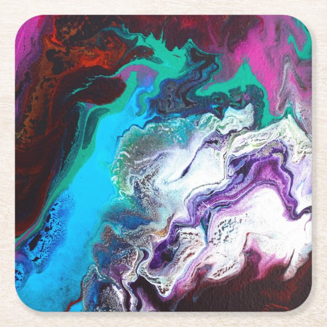 Beautiful & Colourful Abstract Marble Design Square Paper Coaster (Front)