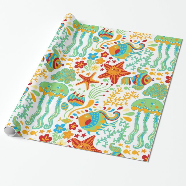 Beautiful Colourful Aquatic Life Cartoon Style Wrapping Paper (Unrolled)