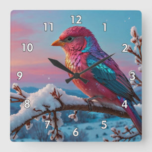 Beautiful Colourful Bird on a Snowy Tree Branch Square Wall Clock