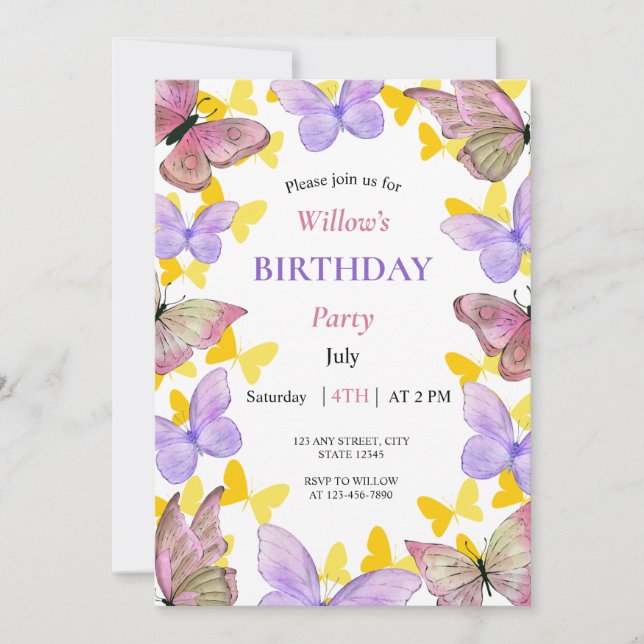 Beautiful Colourful Butterfly Birthday Party Invitation (Front)