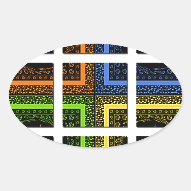 Beautiful colourful chequered geometrical stripes oval sticker (Front)