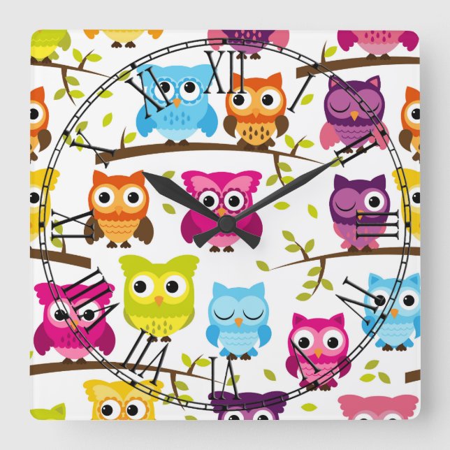 Beautiful Colourful Custom Owl Square Wall Clock (Front)