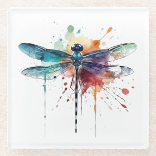 Beautiful colourful dragonfly in flight water colo glass coaster