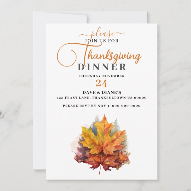 Beautiful Colourful Fall Maple Leaf  Thanksgiving  Invitation (Front)