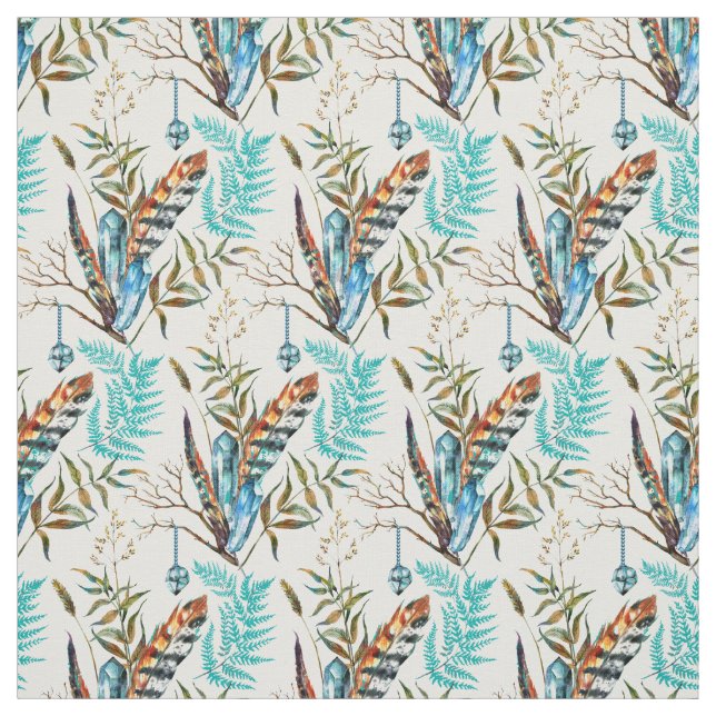 Beautiful Colourful Feathers With Blue Crystals Fabric (Swatch)