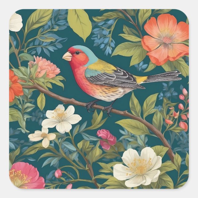 Beautiful Colourful Finch Bird Botanical Square Sticker (Front)