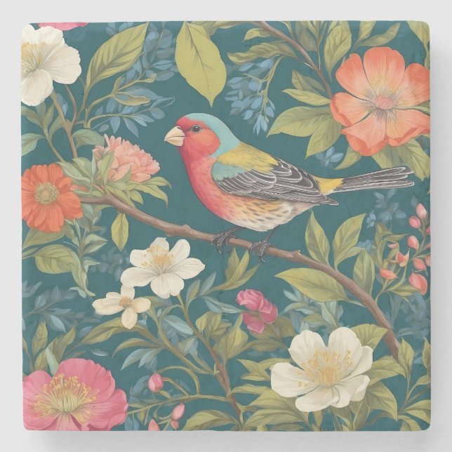 Beautiful Colourful Finch Bird Botanical Stone Coaster (Front)