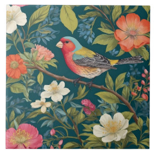 Beautiful Colourful Finch Bird Botanical Tile