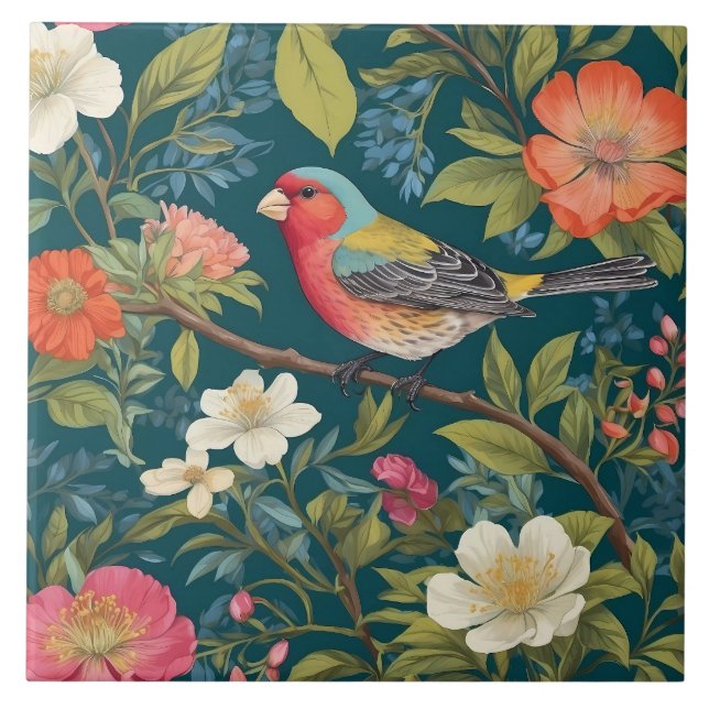 Beautiful Colourful Finch Bird Botanical Tile (Front)