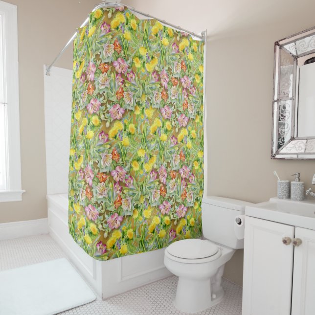 Beautiful Colourful Floral Pattern Pink Yellow  Shower Curtain (In Situ)