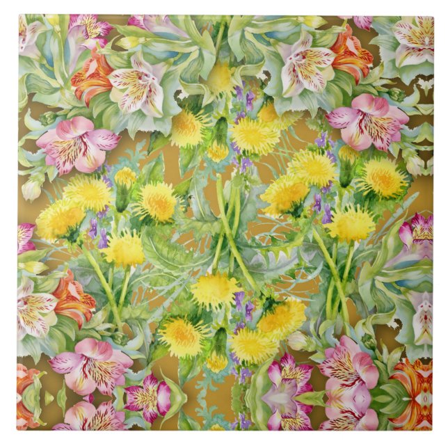 Beautiful Colourful Floral Pattern Pink Yellow  Tile (Front)