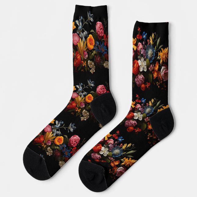 Beautiful colourful flowers on black socks (Left)