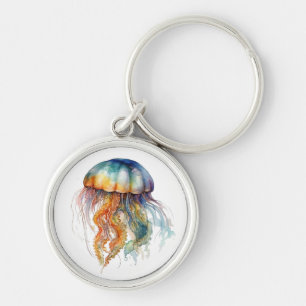 Beautiful colourful jellyfish floating watercolor key ring