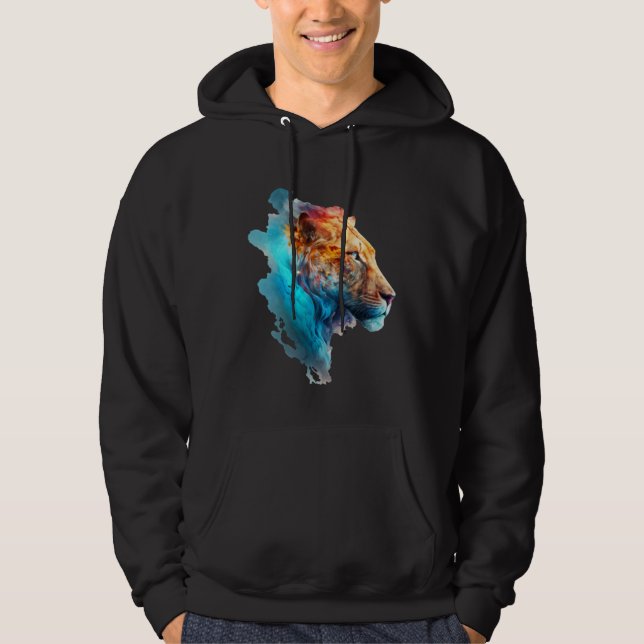 Beautiful colourful lion in blue smoke hoodie (Front)