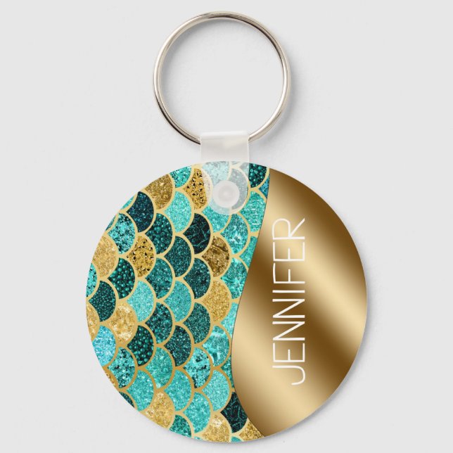 Beautiful Colourful Mermaid Gold Scales Monogram Key Ring (Front)