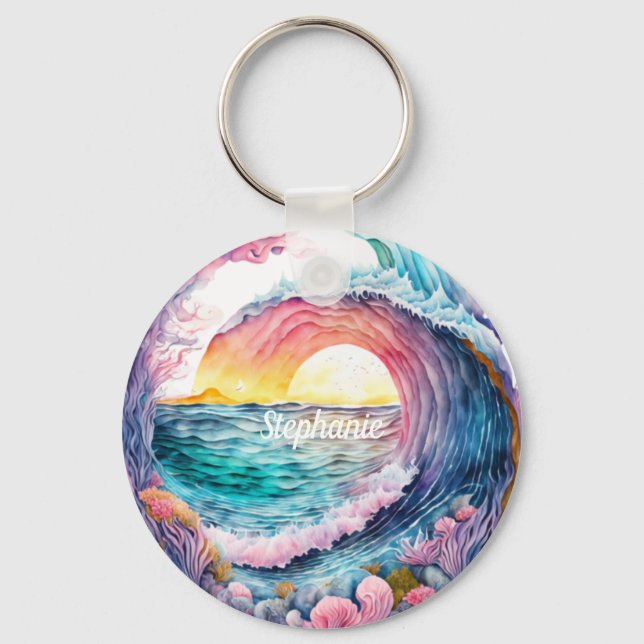 Beautiful Colourful Ocean Wave Key Ring (Front)