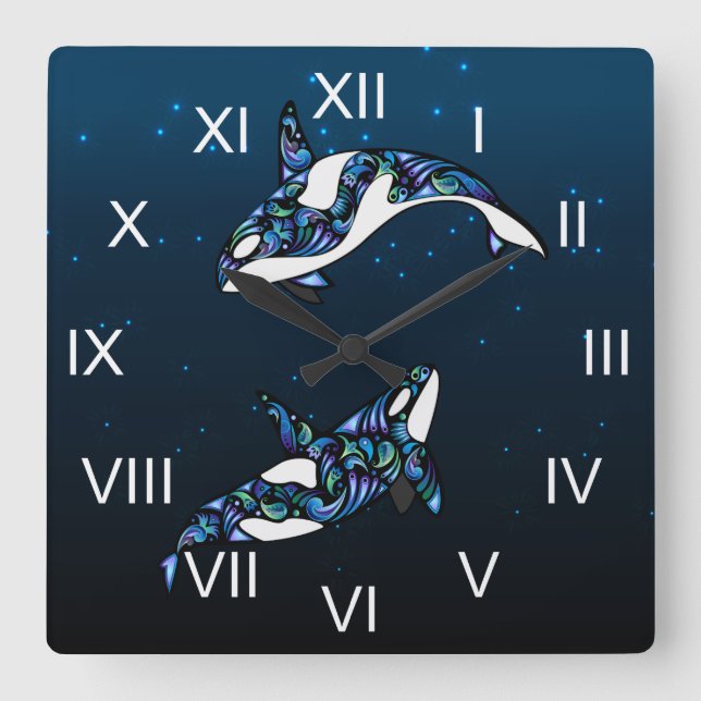 Beautiful Colourful Orca Whales Beach Square Wall Clock (Front)