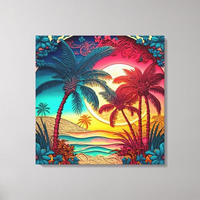 Beautiful colourful palm tree beach house canvas print (Front)