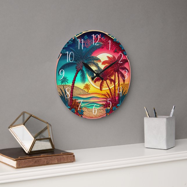beautiful colourful palm trees beach house large clock (Office)