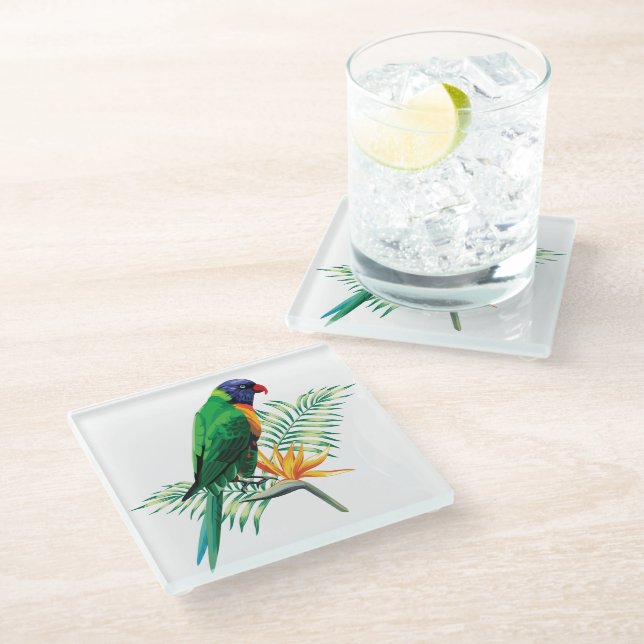 Beautiful Colourful Parrot And Flowers Glass Coaster (Angled)