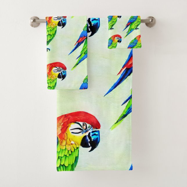 Beautiful Colourful Parrot Pattern Bath Towel Set (Insitu)