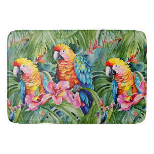 Beautiful Colourful Parrots and Tropical Flowers Bath Mat