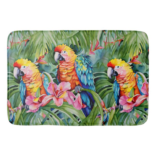 Beautiful Colourful Parrots and Tropical Flowers Bath Mat (Front)