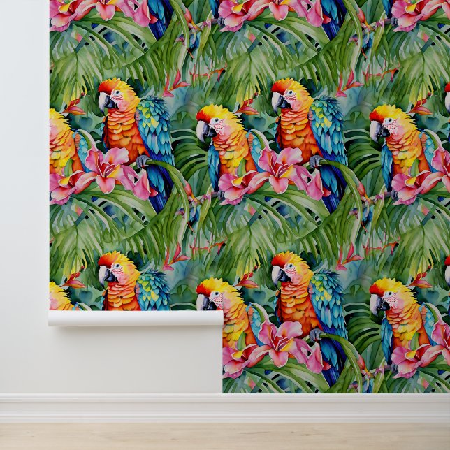 Beautiful Colourful Parrots and Tropical Flowers Wallpaper (Application)