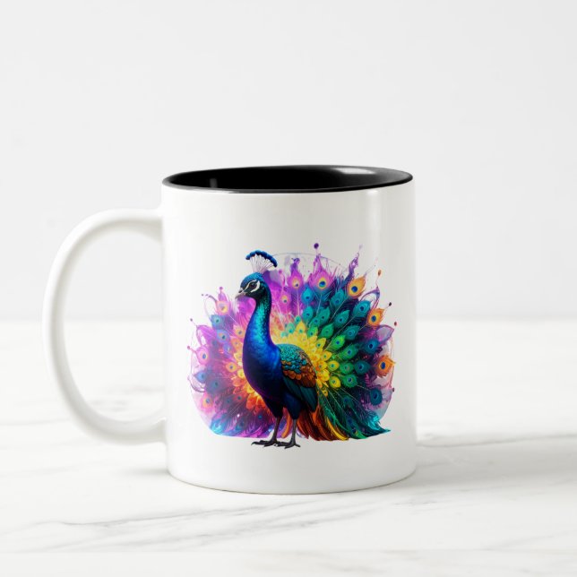 Beautiful Colourful Peacock Art  Two-Tone Coffee Mug (Left)