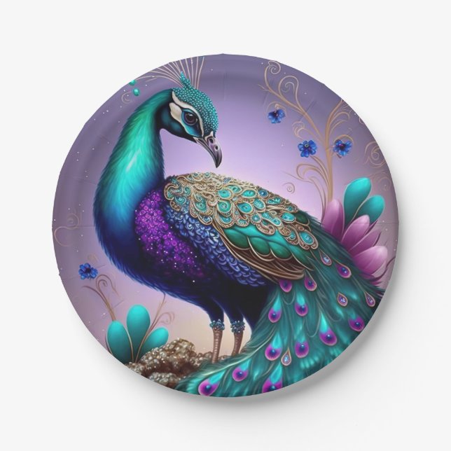 Beautiful Colourful Peacock Peafowl Bird Wildlife Paper Plate (Front)