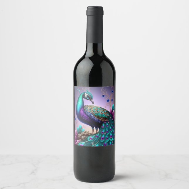 Beautiful Colourful Peacock Peafowl Bird Wildlife Wine Label (Front)
