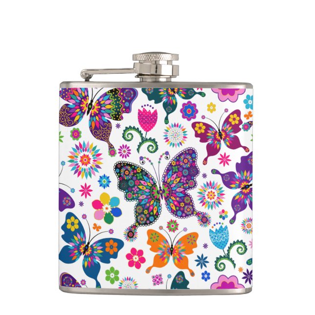 Beautiful Colourful Retro Butterflies * Flowers Hip Flask (Front)