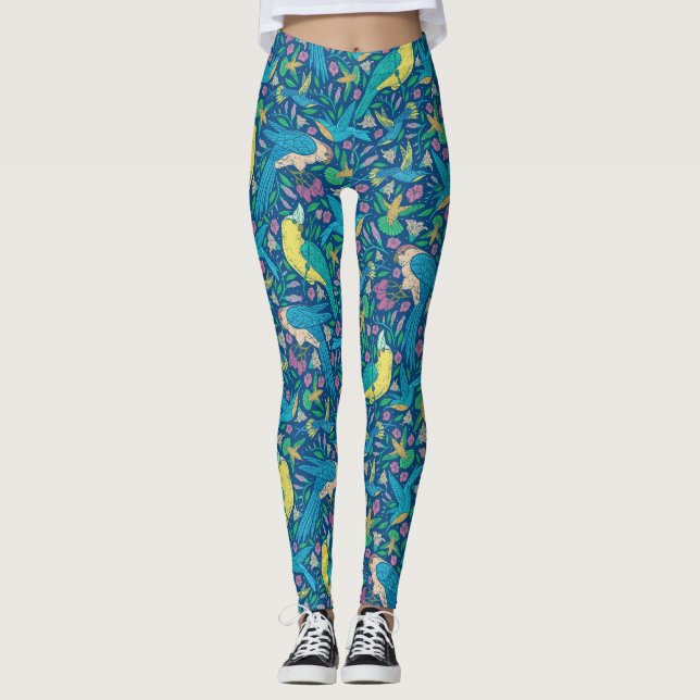 Beautiful Colourful Tropical Birds & Flowers Leggings (Front)