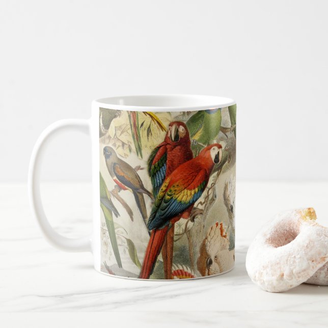 Beautiful Colourful Tropical Birds Parrots  Coffee Mug (With Donut)