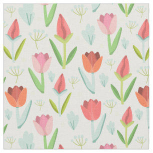 Beautiful Colourful Tulips With Leafs Fabric