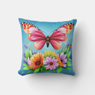 Beautiful Colourful Watercolor Butterfly and Flowe Cushion