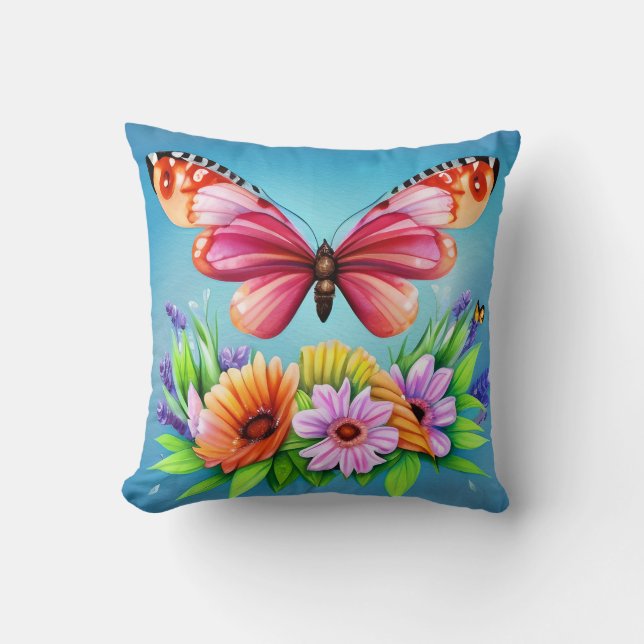 Beautiful Colourful Watercolor Butterfly and Flowe Cushion (Front)