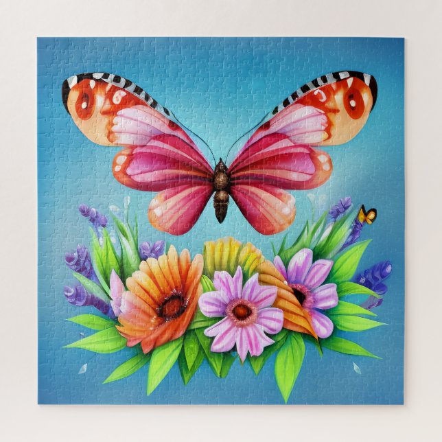 Beautiful Colourful Watercolor Butterfly and Flowe Jigsaw Puzzle (Vertical)