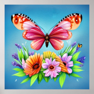 Beautiful Colourful Watercolor Butterfly and Flowe Poster