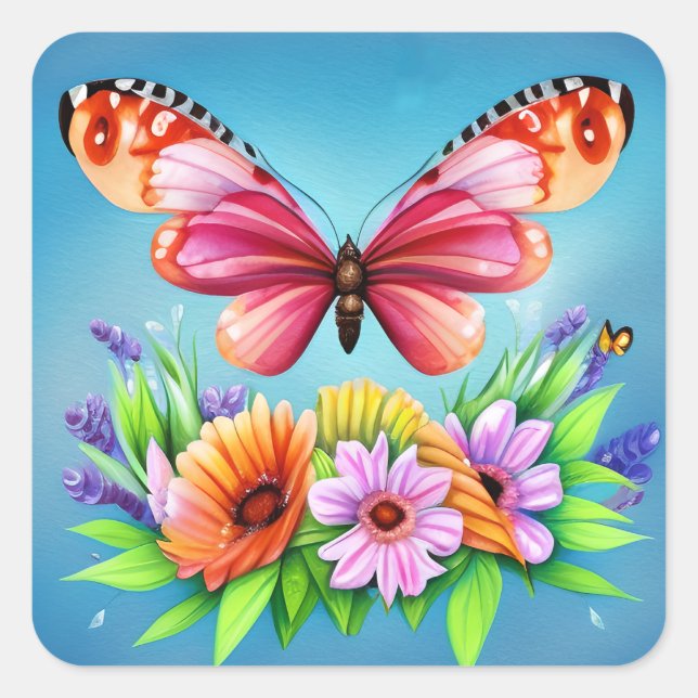 Beautiful Colourful Watercolor Butterfly and Flowe Square Sticker (Front)