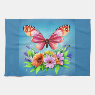 Beautiful Colourful Watercolor Butterfly and Flowe Tea Towel