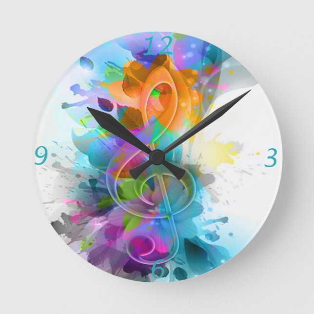 Beautiful Colourful Watercolor Splatter Music note Round Clock (Front)