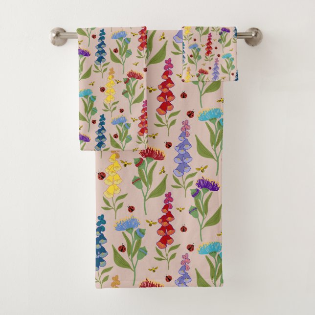 Beautiful Colourful Wildflower, Bee, Lady Bug Bath Towel Set (Insitu)
