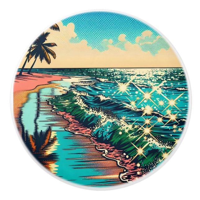 Beautiful Comic Pop Art Style Beach Scene Ceramic Knob (Front)