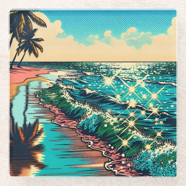 Beautiful Comic Pop Art Style Beach Scene Glass Coaster (Front)