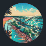 Beautiful Comic Pop Art Style Beach Scene Large Clock<br><div class="desc">Beautiful blue ocean waves on a sandy beach with a pretty reflection in the water. Palm trees and sparkling water and a cloudy sky.</div>