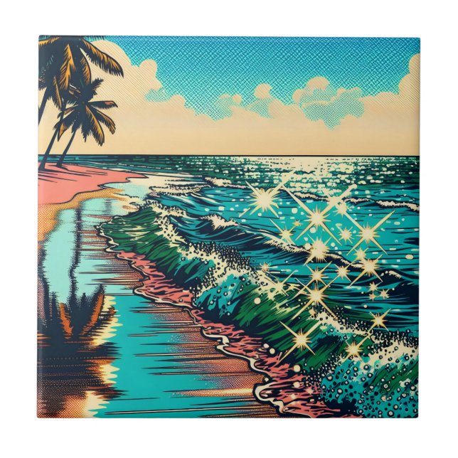 Beautiful Comic Pop Art Style Beach Scene Tile (Front)